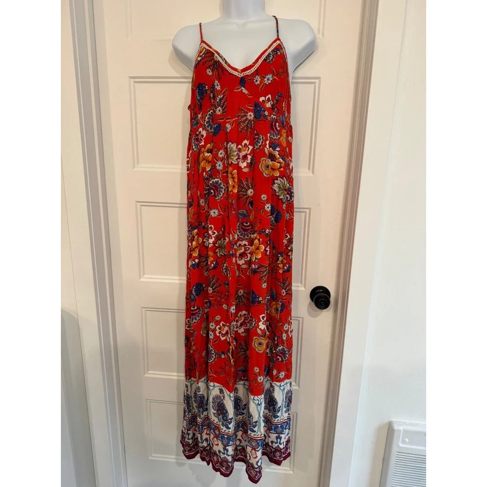 Patrons of Peace Red Floral Boho Maxi Dress Crochet Trim Smocked Back Medium - Picture 2 of 7